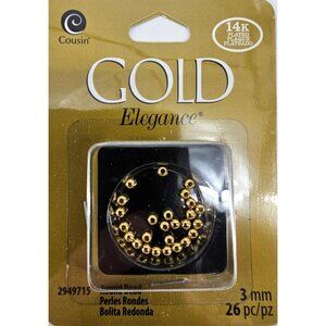14K Gold Plate 3mm Beads Gold Elegance Cousin Corporation--26  Beads New Package